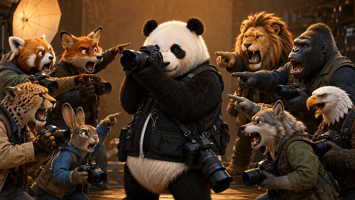 A panda photographer surrounded by other animals arguing over camera gear