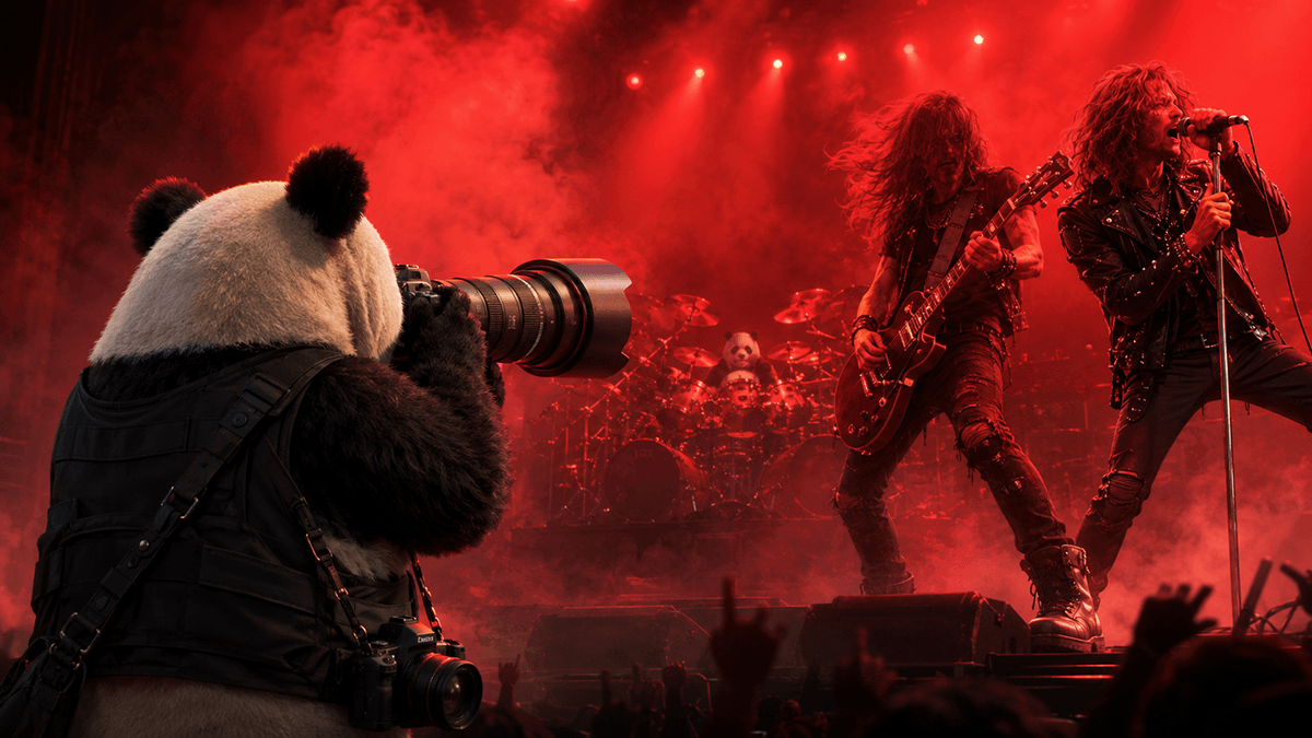 A panda photographer shooting a concert with a telephoto lens