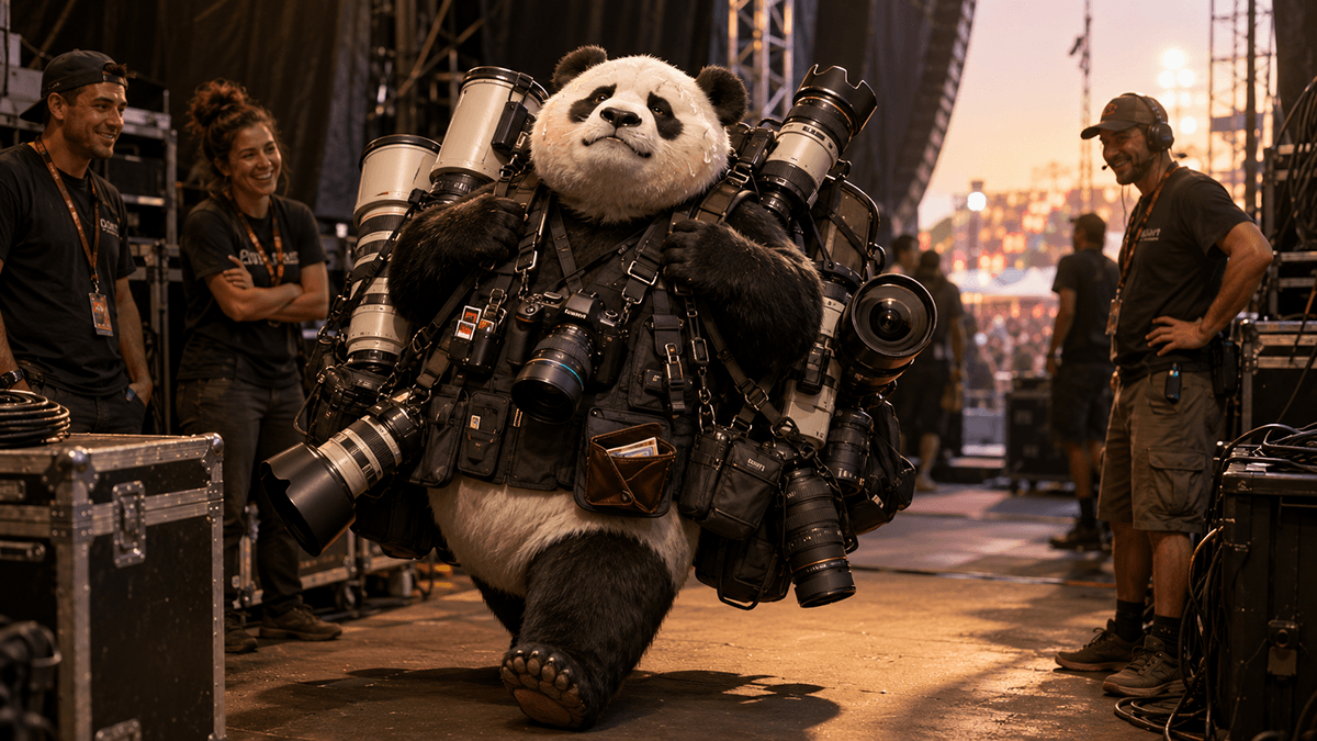 A panda carrying a full concert photography kit backstage at a festival